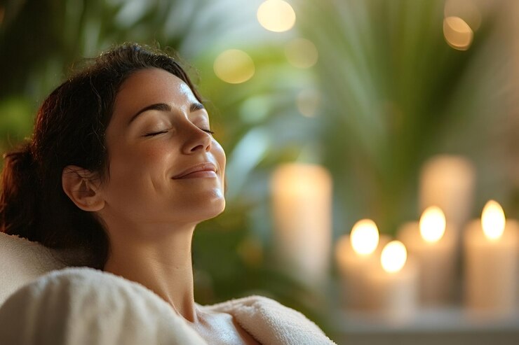 Foto mulher relaxando em um spa com velas e plantas tropicais