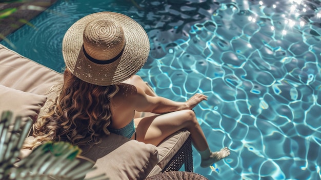 Mulher relaxando em uma piscina Uma menina bonita com um chapéu sentada em uma cadeira de sol