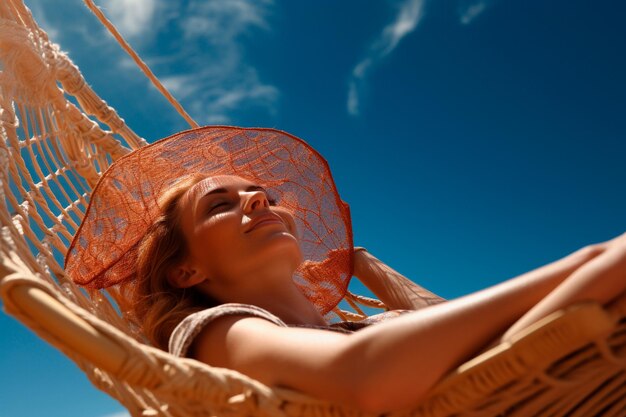 Mulher relaxando em uma rede na praia Conceito de verão