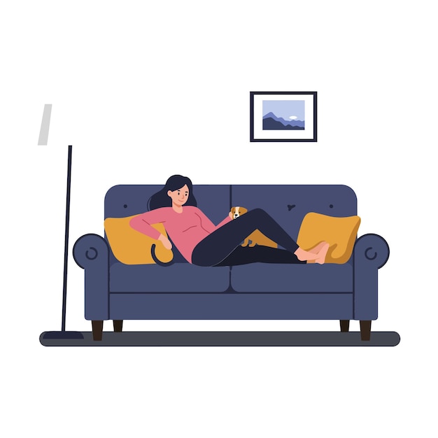 Mulher relaxando no sofá com gato em ilustração vetorial plana
