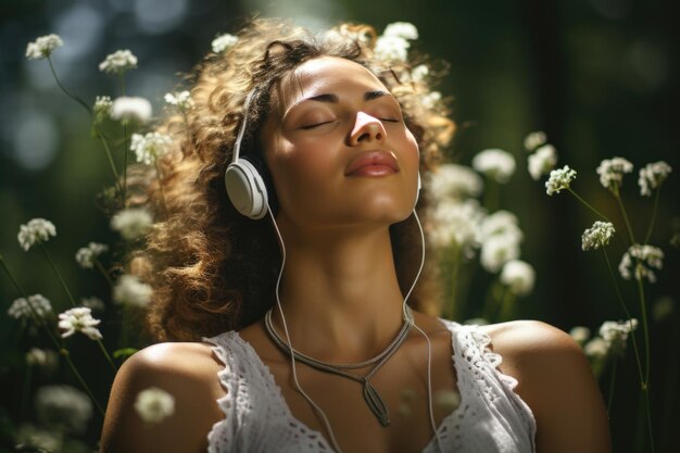 Mulher relaxante com fones de ouvido na natureza cercada por flores silvestres Restaurando a força mental meditação