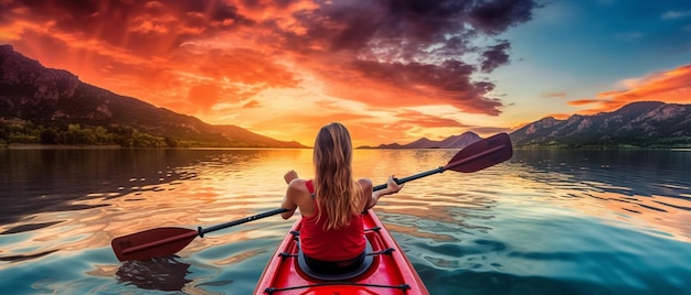 Foto mulher remando o caiaque na calma baía tropical ao pôr do sol