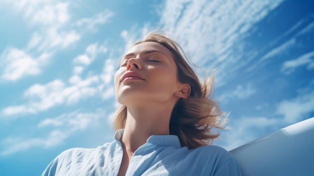 Mulher respiração profunda e meditação na natureza e céu azul para a atenção e espiritualidade serena