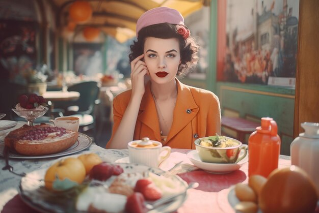 Foto mulher retrô tomando o pequeno-almoço cozinha comida da manhã mesa cheia gerar ai