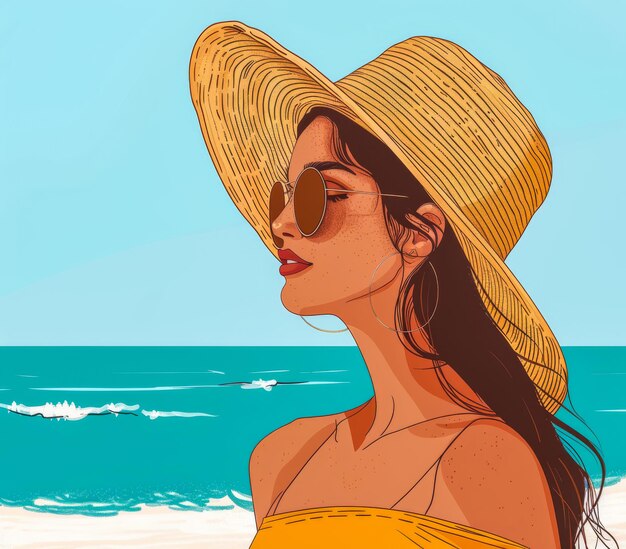 Mulher retro vintage dos anos 70 na praia ilustração com cores vibrantes