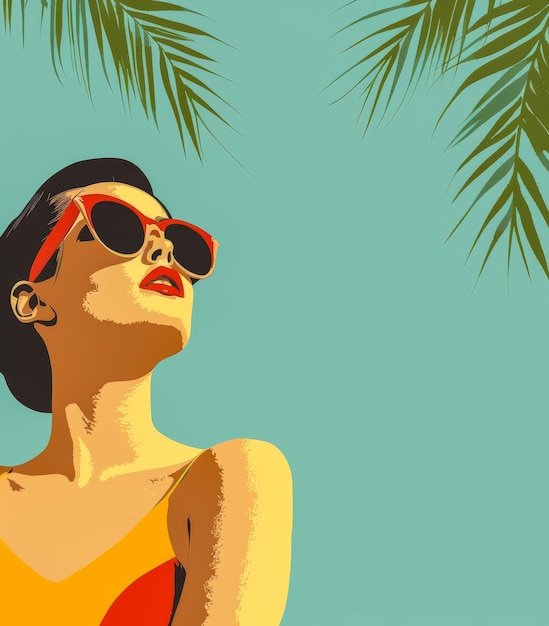 Mulher retro vintage dos anos 70 na praia ilustração com cores vibrantes