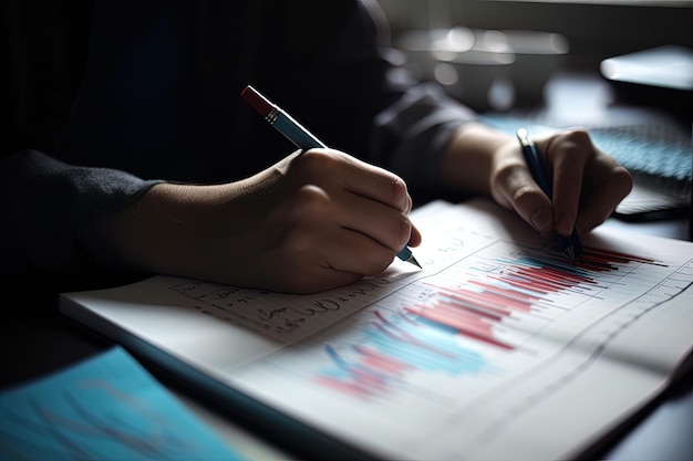 Mulher revisando tabelas financeiras e econômicas Generative AI