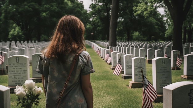 Mulher rezando em um cemitério memorial para soldados de guerra