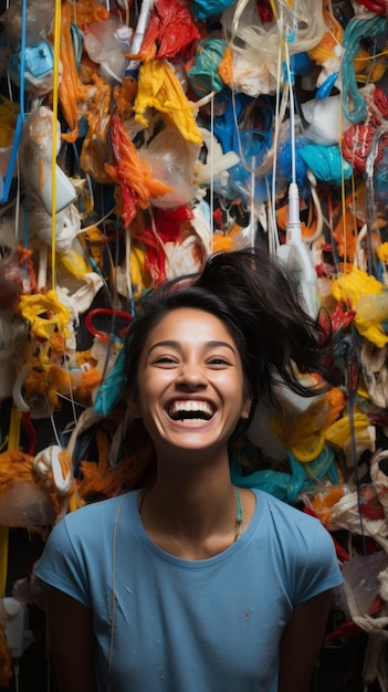 Foto mulher rindo com resíduos de plástico coloridos ao fundo