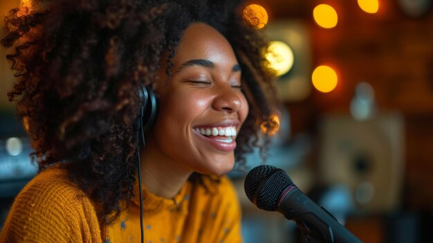 Mulher rindo gravando um episódio de podcast IA geradora