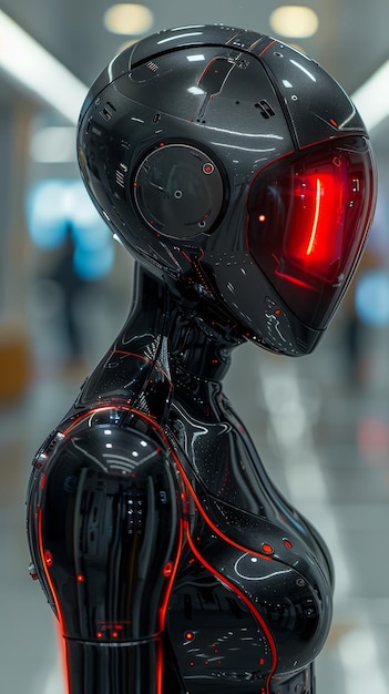 Mulher robô biônico andróide vermelho e branco estilo cyberpunk futuro inteligência artificial