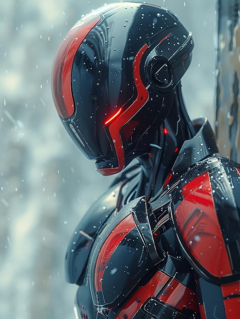 Mulher robô biônico andróide vermelho e branco estilo cyberpunk futuro inteligência artificial