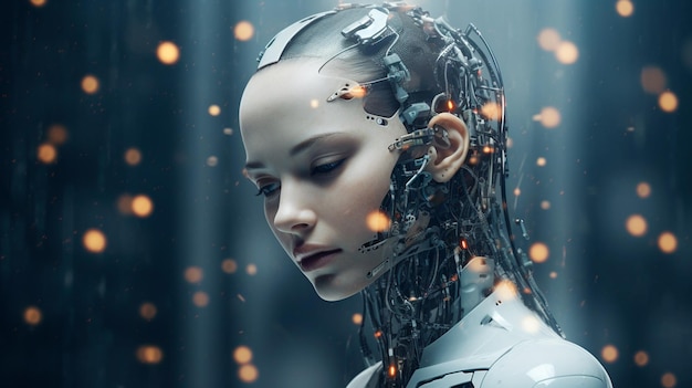 Mulher robô de vestido branco e fundo de tecnologia futurista