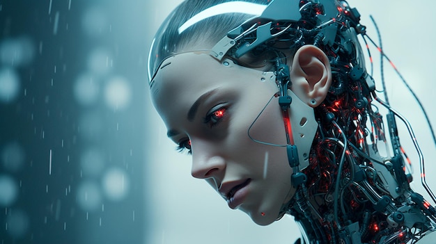 Mulher robô de vestido branco e fundo de tecnologia futurista