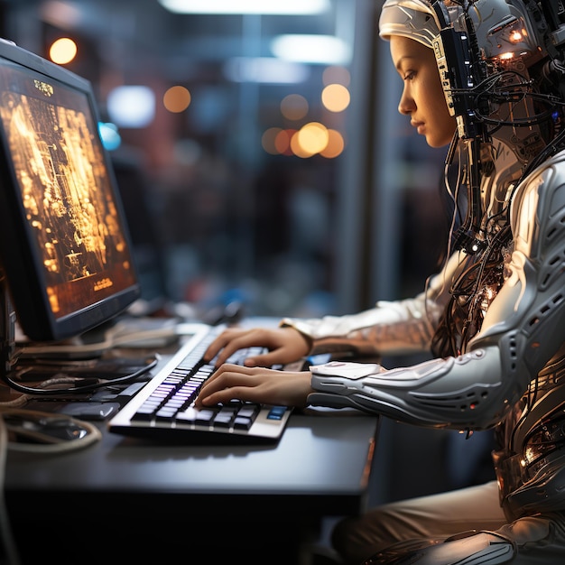 Mulher robô humana tocando e trabalhando em computador mão robótica em computador com fundo futurista