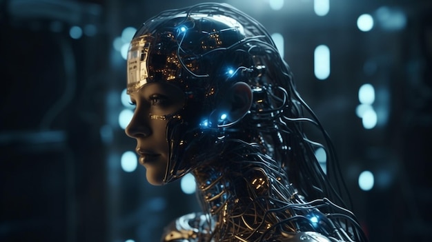 Mulher robô, inteligência artificial, plástico e corpo de aço, chips, microcircuitos e