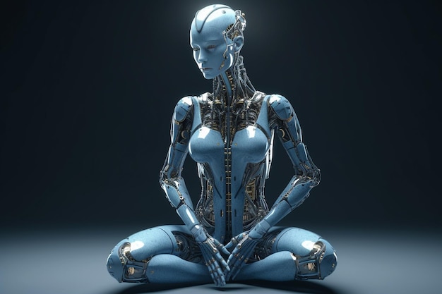 Mulher robô sentada em pose de meditação Conceito de inteligência artificial Renderização em 3D
