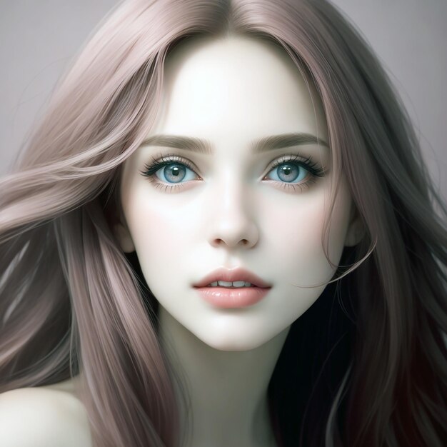 Mulher romântica olhos largos nariz bom cabelo longo colorido