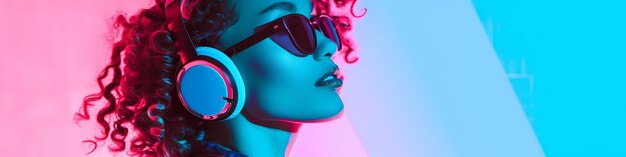 Mulher rosa e azul estilo Synthwave retrô dos anos 80 e 90 usando fones de ouvido conceito de música ultra amplo