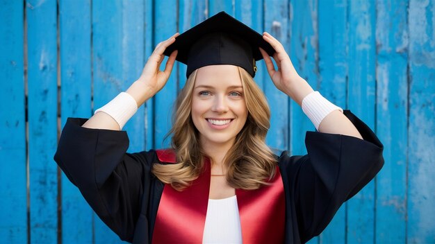 Foto mulher roxa graduada em manto sorrindo segurando livros na cabeça sob o boné