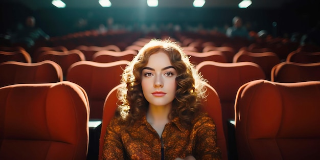 Mulher ruiva caucasiana senta-se na primeira fila de um cinema em um salão vazio A garota está assistindo a um filme sozinha