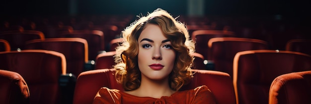 Mulher ruiva caucasiana senta-se na primeira fila de um cinema em um salão vazio A garota está assistindo a um filme sozinha