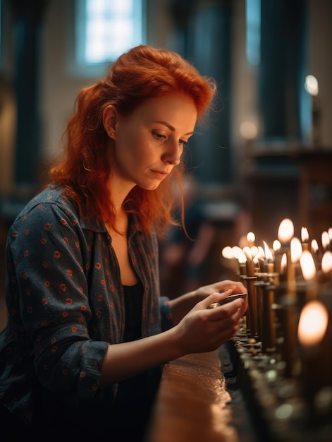 Mulher ruiva coloca uma vela na igreja generativa ai