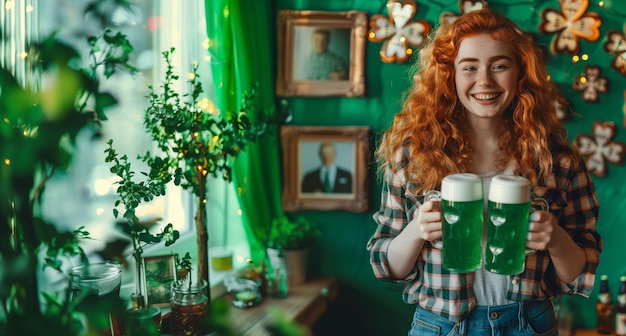 Mulher ruiva com duas xícaras de cerveja verde celebrando o Dia de São Patrício Banner com espaço para texto