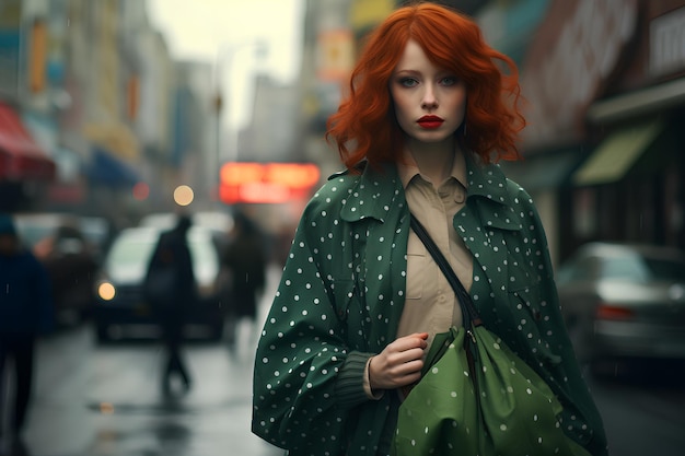 Mulher ruiva com um poncho verde caminhando pela rua