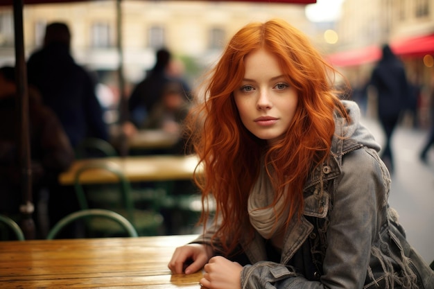 Mulher ruiva em um café na calçada Paris França