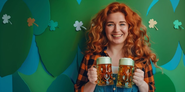 Mulher ruiva segurando dois copos de cerveja conceito de banner publicitário