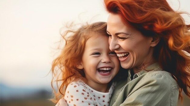 Mulher ruiva sorri e engana com sua filha de anos Esta é uma foto com cópia