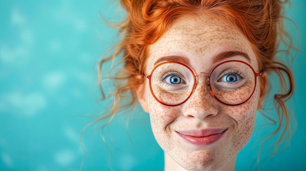 Mulher ruiva sorridente com sardas e óculos de moda em fundo azul vibrante