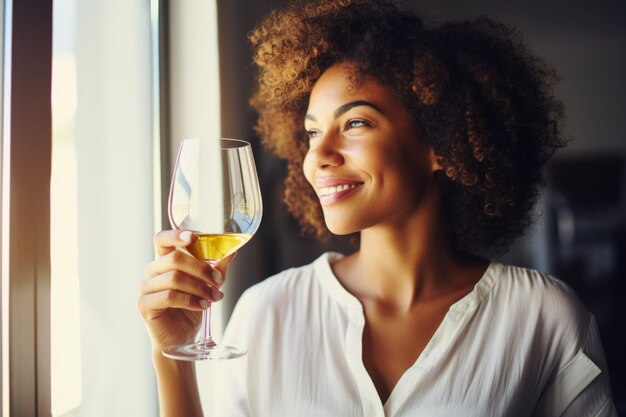 Mulher saboreando um gole de vinho branco