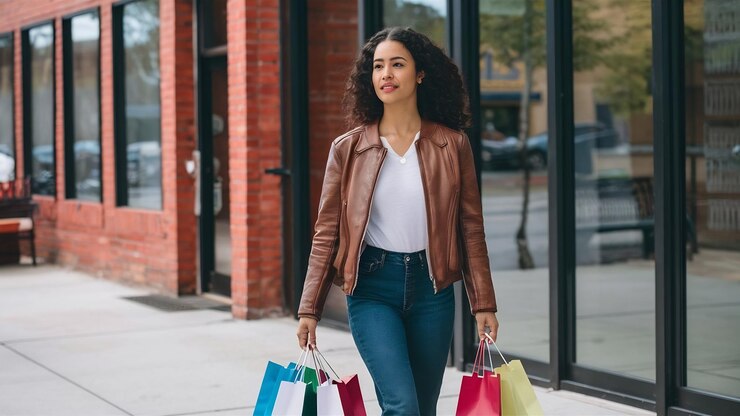 Foto mulher sai com sacos de compras