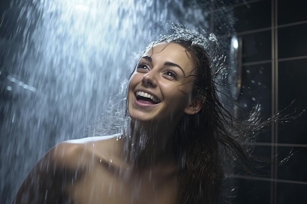 Foto mulher satisfeita no chuveiro na casa de banho