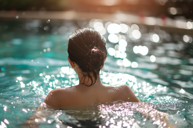 Mulher se deleita em um banho refrescante em uma piscina brilhante