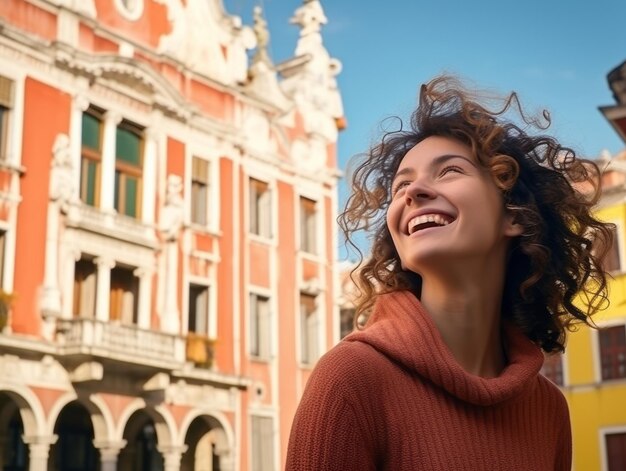 Mulher se diverte no dia de inverno em pose emocional e lúdica