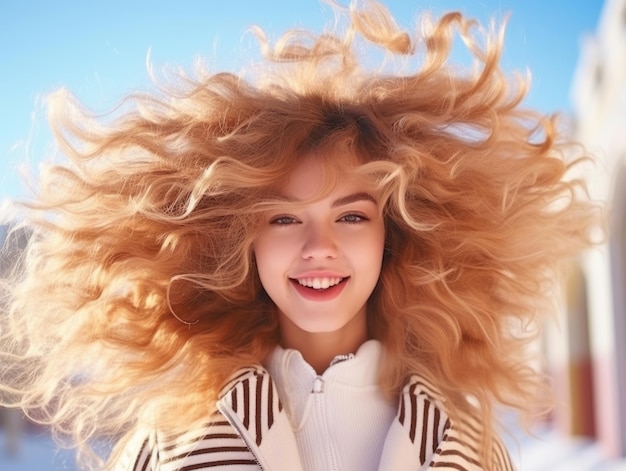 Mulher se diverte no dia de inverno em pose emocional e lúdica