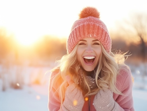 Foto mulher se diverte no dia de inverno em pose emocional e lúdica