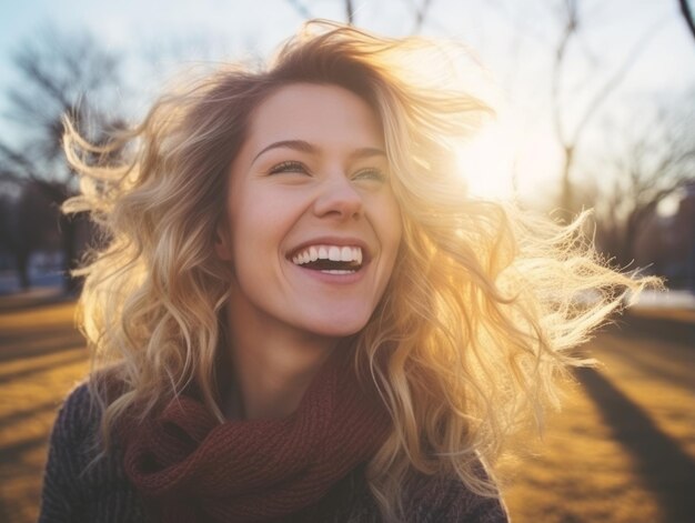 Mulher se diverte no dia de inverno em pose emocional e lúdica