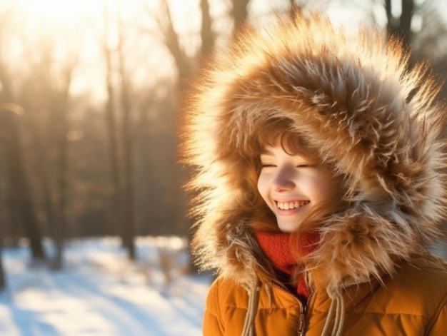 Mulher se diverte no dia de inverno em pose emocional e lúdica