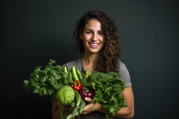 Mulher se divertir segurando vegetais verdes orgânicos sem glúten Nutrição saudável IA generativa