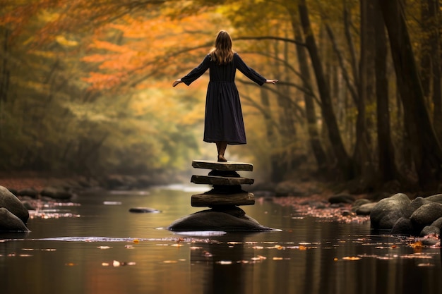 Mulher se equilibra ao entrar no fluxo de outono tranquilo