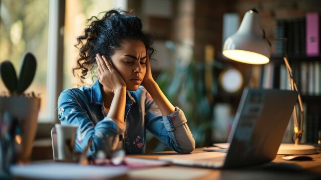 Foto mulher se sentindo estressada enquanto trabalha em seu laptop ela tem a cabeça em suas mãos uma expressão de dor em seu rosto significando uma dor de cabeça frustração ou exaustão