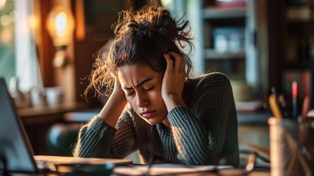 Foto mulher se sentindo estressada enquanto trabalha em seu laptop ela tem a cabeça em suas mãos uma expressão de dor em seu rosto significando uma dor de cabeça frustração ou exaustão