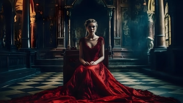 Foto mulher sedenta de sangue em um vestido vermelho interior medieval generative ai