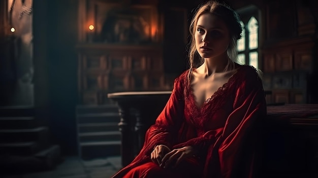 Mulher sedenta de sangue em um vestido vermelho interior medieval Generative AI