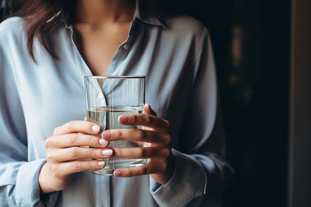 Mulher sedenta nutrindo o corpo e a saúde com um copo hidratante de água calma abraçando um mais saudável