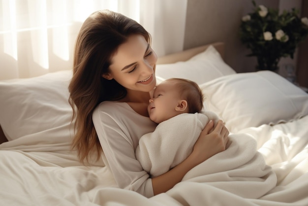 Foto mulher segura seu bebê na cama